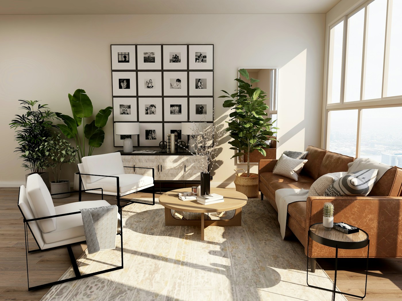 Bright, clean living room with neatly arranged seating, plants and natural light